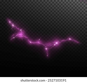 Lightning pink flash light thunder sparks on a transparent background.Fire and ice fractal lightning, plasma power background vector illustration. Lightning PNG.	
