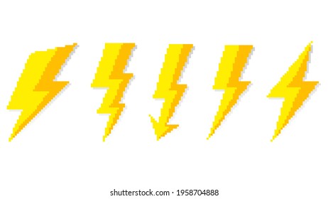 Lightning pixel signs. Game yellow electrical flashes with geometric curves high voltage hazard and powerful vector discharges thunderstorm.