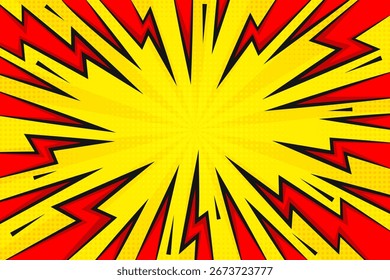 Lightning power cartoon vector background. Thunder bold abstract burst with halftone effect. Comic book design template for poster. Explosion boom bright illustration