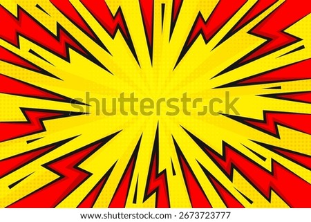 Lightning power cartoon vector background. Thunder bold abstract burst with halftone effect. Comic book design template for poster. Explosion boom bright illustration