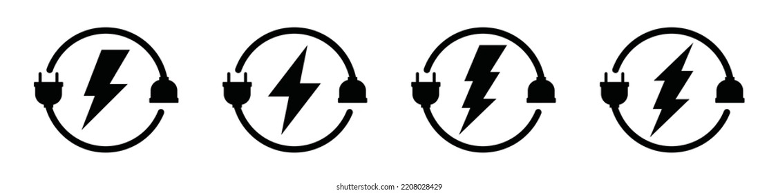 Lightning with power cord icon vector. Thunder light and electrical plug sign symbol silhouette. Flash or thunderbolt, electric power icon flat