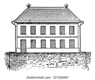 Lightning protected building, vintage engraved illustration. Dictionary of words and things - Larive and Fleury- 1895.