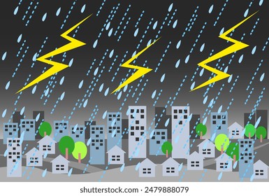 lightning and raining city scape vector illustration