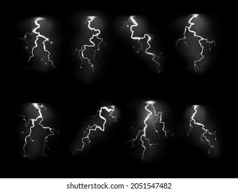 Relámpago realista. Tormenta eléctrica, relámpago del cielo nocturno chispa la luz del trueno. Diferentes formas de objetos meteorológicos de lluvia, electricidad y símbolo de explosión vector conjunto aislado realista