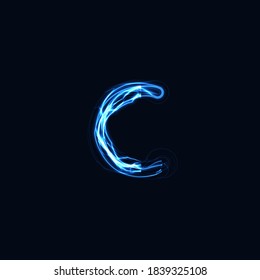 Lightning Realistic letter C, bright gloving logo, electric energy glow style symbol, blue tesla plasma type sign. Thunderbolt vector illustration, typography design