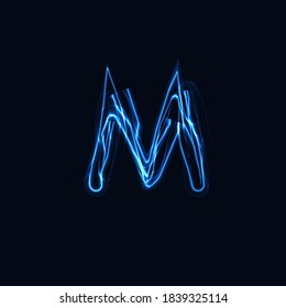 Letra realista luminosa M, logotipo brillante brillante, símbolo de estilo de brillo de energía eléctrica, señal de tipo plasma tesla azul. Ilustración vectorial Thunderbolt, diseño tipográfico