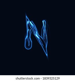 Lightning Realistic letter N, bright gloving logo, electric energy glow style symbol, blue tesla plasma type sign. Thunderbolt vector illustration, typography design