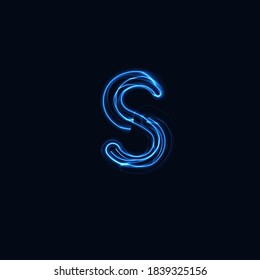 Lightning Realistic letter S, bright gloving logo, electric energy glow style symbol, blue tesla plasma type sign. Thunderbolt vector illustration, typography design