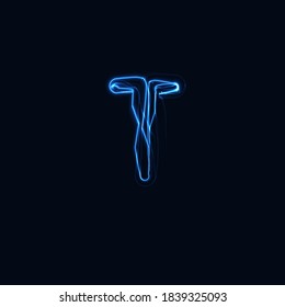 Lightning Realistic letter T, bright gloving logo, electric energy glow style symbol, blue tesla plasma type sign. Thunderbolt vector illustration, typography design