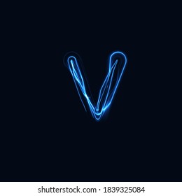 Lightning Realistic letter V, bright gloving logo, electric energy glow style symbol, blue tesla plasma type sign. Thunderbolt vector illustration, typography design