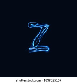 Lightning Realistic letter Z, bright gloving logo, electric energy glow style symbol, blue tesla plasma type sign. Thunderbolt vector illustration, typography design