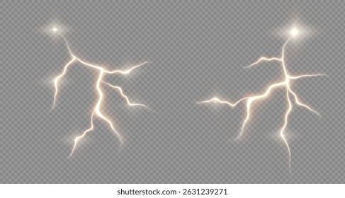 Lightning. Realistic thunderstorm lightning. Bright light effects. Set of lightning bolts and bright light effects. Vector illustration.PNG