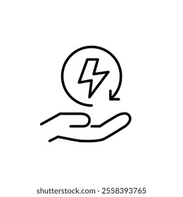Lightning in renew arrow and hand. Environment conservation action, use of green energy sources. Pixel perfect vector icon