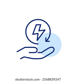 Lightning in renew arrow and hand. Environment conservation action, use of green energy sources. Pixel perfect, editable stroke icon