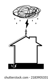 Barra luminosa en el techo superior de la casa de construcción con diseño de icono negro vectorial de lluvia en la nube.