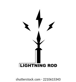 Lightning rod on top roof of building house with thunder flat vector black icon design.