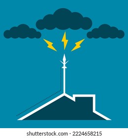 Lightning rod on top roof of building house with thunder cloud rainstorm on blue background flat vector black icon design.