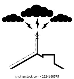 Lightning rod on top roof of building house with thunder cloud rainstorm on white background flat vector black icon design.