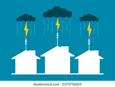 Lightning rod on top roof of building house with thunder cloud rainstorm on blue background flat vector design