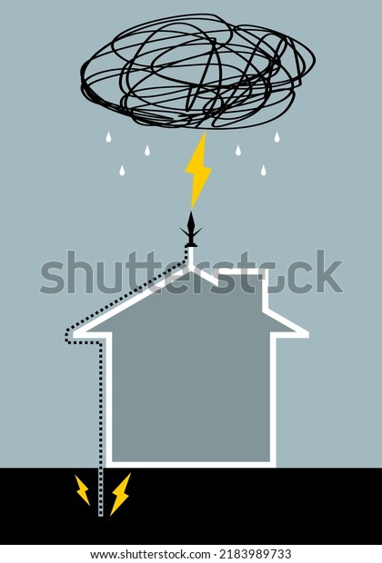 Lightning\
rod on top roof of building house with thunder cloud rainstorm on\
gray background flat vector black icon\
design.