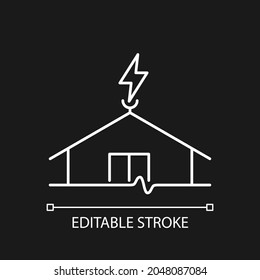 Lightning rod white linear icon for dark theme. Protecting buildings from lightning strike damage. Thin line customizable illustration. Isolated vector contour symbol for night mode. Editable stroke