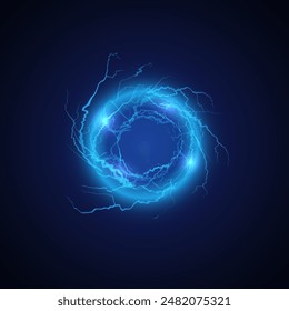 Lightning round frame, rays bright power vector illustration. Blue glowing magical portal, thunderbolt circle, energy strike discharge. Light flash neon hole, electric flare ring effect on black