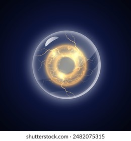 Lightning round frame in sphere shield vector illustration. Yellow rays bright power in defense shell. Thunderbolt circle, plasma sphere. Light flash neon hole, electric flare ring effect on black