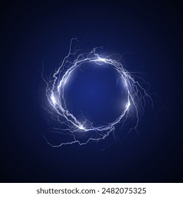 Lightning round frame vector illustration. White bright power, thunderbolt circle border, energy strike discharge. Light flash neon hole, electric flare ring effect on black. Glowing magic rays portal