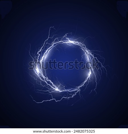 Lightning round frame vector illustration. White bright power, thunderbolt circle border, energy strike discharge. Light flash neon hole, electric flare ring effect on black. Glowing magic rays portal