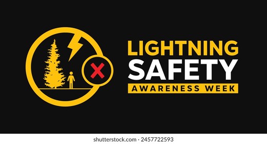 In: Lightning Safety Awareness Week. Baum, Blitz und mehr. Ideal für Karten, Banner, Poster, Social Media und mehr. Schwarzer Hintergrund.