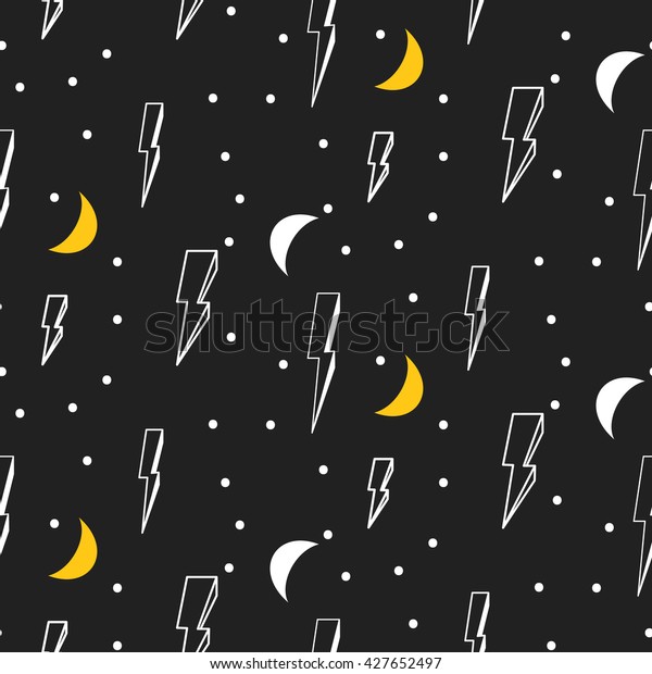 Lightning seamless\
pattern. Black and white hipster pop art vector dark background.\
Lightning and moon.