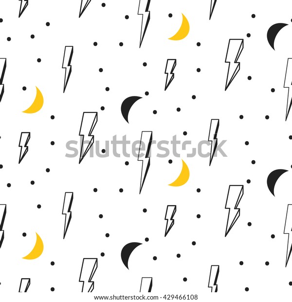 Lightning\
seamless pattern. Black and white hipster pop art dotted vector\
background. Lightning and moon on\
white.
