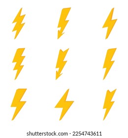 Lightning set. Flat Yellow Lightning or Thunderbolt Collection