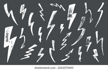 Lightning set with hand drawn grunge texture. Vector stock illustration isolated on black chalkboard background for design template poster, banner, presentation. EPS10 