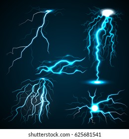 Lightning set. Realistic illustration of 5 lightnings for web