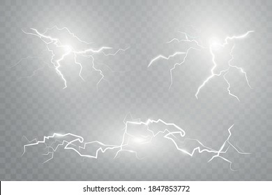 Lightning set. Thunderstorm and lightning. Magical and vibrant lighting effects. Vector illustration