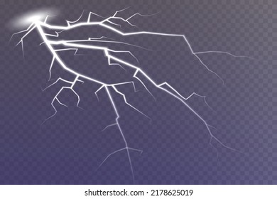 Lightning set. Thunderstorm thunder and lightning. Magic light effects. Bright lightning on a transparent background. Vector illustration
