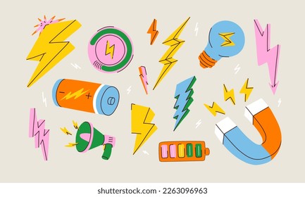 Lightning set in vibrant colors. Flash lights various shapes. Bulb, arrow, battery, magnet, charger, speaker vector items. Life energy or vitality concept. Power cartoon illustration. Isolated icons.