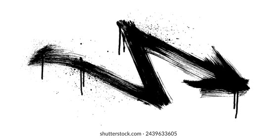 Lightning shape arrow in spray graffiti style with drips and dry brush texture. Painted graffiti spray vector arrow. Grunge bold icon isolated on white background. Street art style illustration.