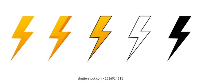 Lightning shapes collection in different styles isolated on white background. 
