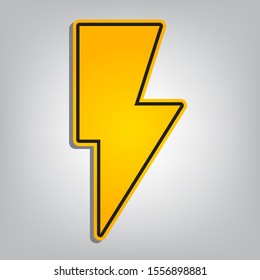Lightning sign illustration. Flat orange icon with overlapping linear black icon with gray shadow at whitish background. Illustration.