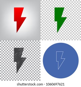 Lightning sign illustration. Vector. 4 styles. Red gradient in radial lighted background, green flat and gray scribble icons on transparent and linear one in blue circle.