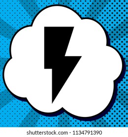 Lightning sign illustration. Vector. Black icon in bubble on blue pop-art background with rays.