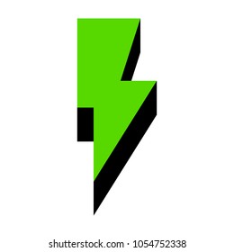 Lightning sign illustration. Vector. Green 3d icon with black side on white background. Isolated.