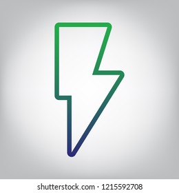 Lightning sign illustration. Vector. Green to blue gradient contour icon at grayish background with light in center.
