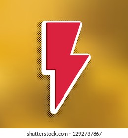 Lightning sign illustration. Vector. Magenta icon with darker shadow, white sticker and black popart shadow on golden background.