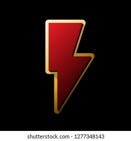 Lightning sign illustration. Vector. Red icon with small black and limitless shadows at golden sticker on black background.