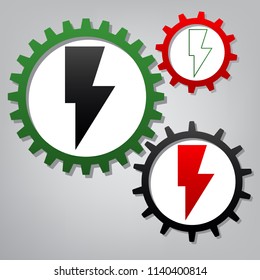 Lightning sign illustration. Vector. Three connected gears with icons at grayish background.