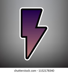 Lightning sign illustration. Vector. Violet gradient icon with black and white linear edges at gray background.