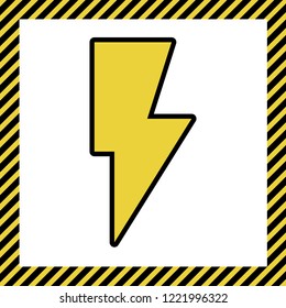Lightning sign illustration. Vector. Warm yellow icon with black contour in frame named as under construction at white background. Isolated.